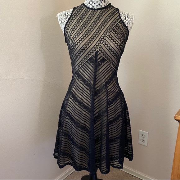 NWT Cache Nude Underlay Black Overlay HiNeck Dress - Picture 2 of 13